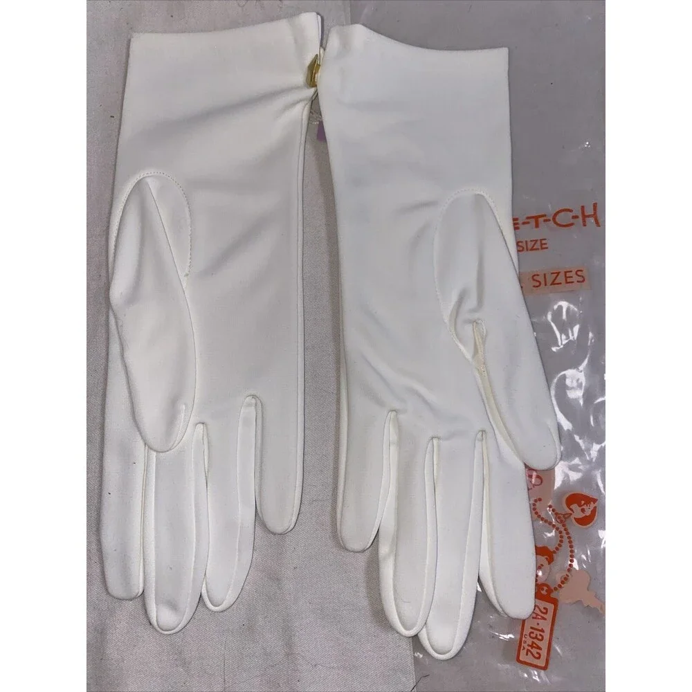 Vintage gloves Miss Aris White 2 stretchy 2A-1342 Floral Leather elegant